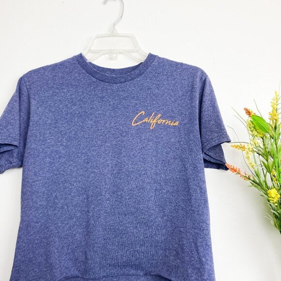 ☀️ CALIFORNIA Sunset Crop Top Graphic Tee Small Blue Casual Boho Beachy T Shirt - Picture 2 of 4